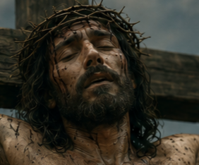 Plano de Jesús en la cruz con la corona de espinas.