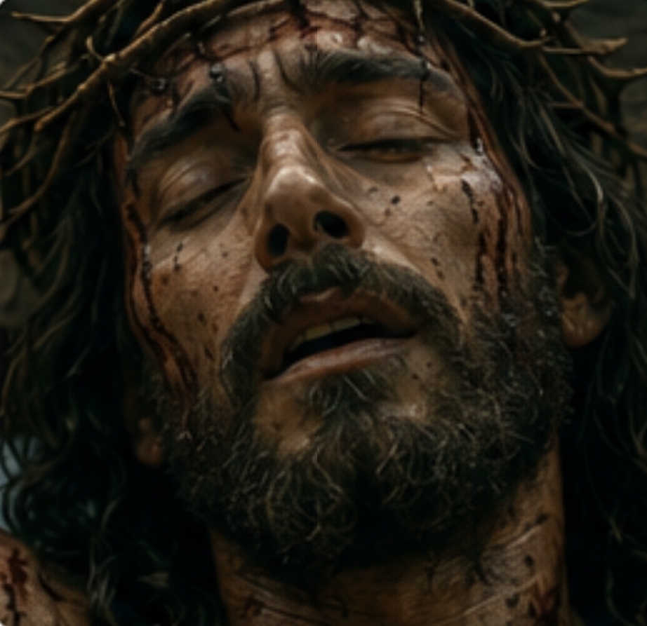 Primer plano del rostro de Jesús, sudoroso y herido.