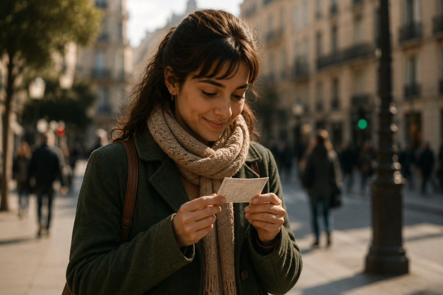 Una chica mira un papel entre sus manos mientras camina por la ciudad.