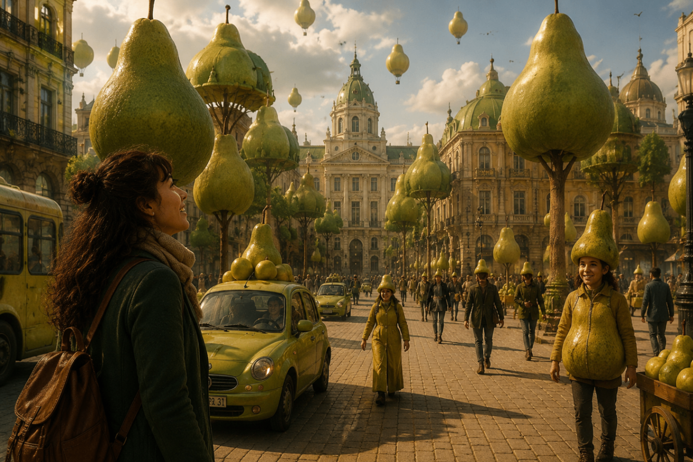La ciudad se transforma en un mundo surrealista lleno de peras.
