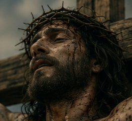 Jesús con la mirada baja sobre la cruz.