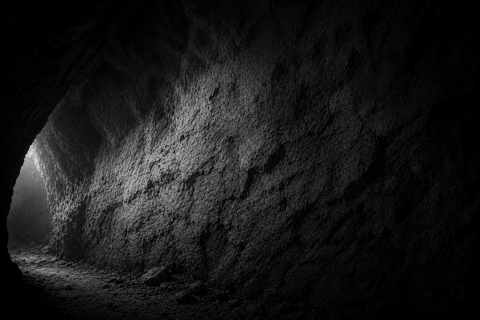 Interior de una cueva oscura con luz tenue filtrándose desde la entrada, en blanco y negro.