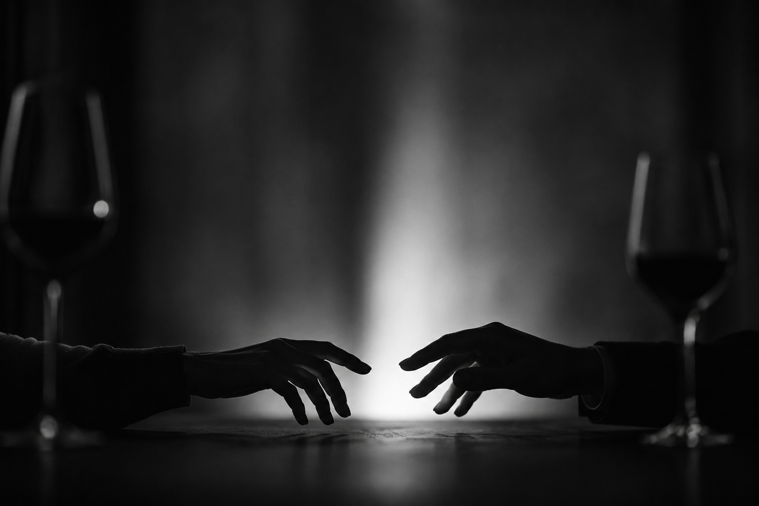Dos manos acercándose sobre una mesa con copas de vino al fondo, en blanco y negro.