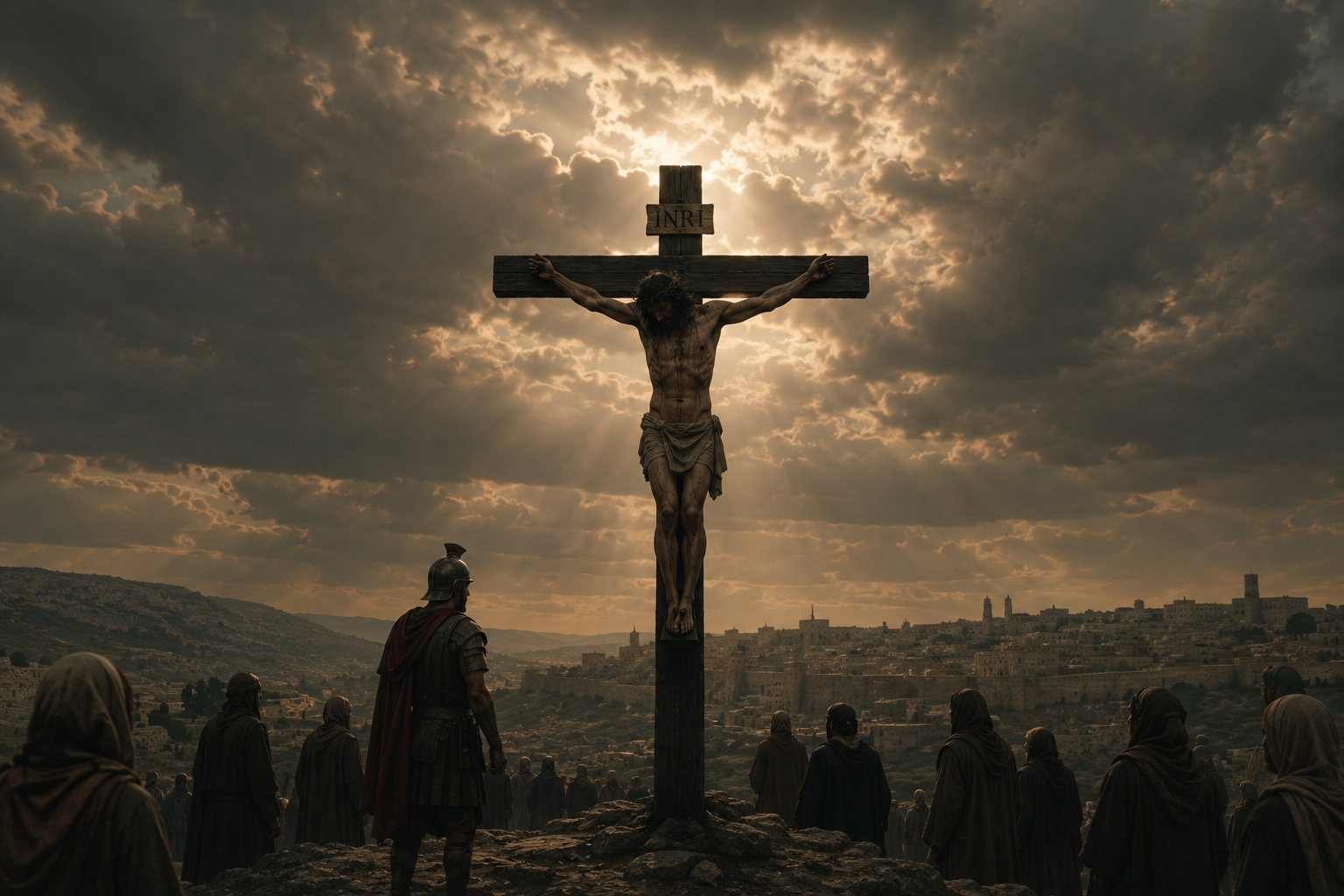 Jesús crucificado sobre una colina, frente a Jerusalén.