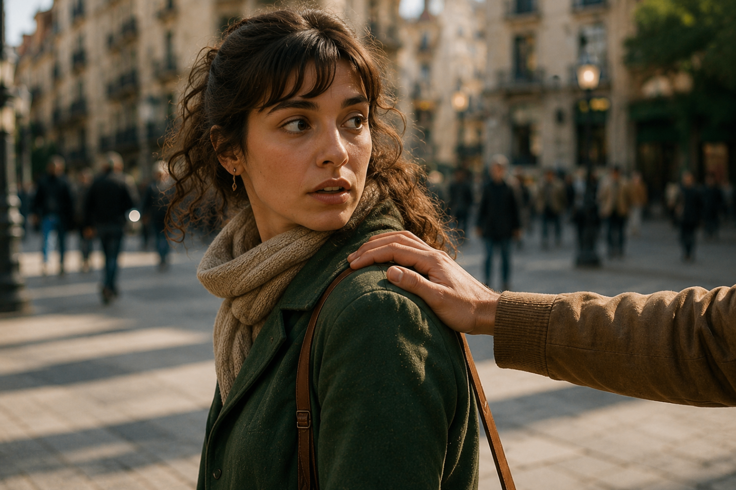 Una mano toca el hombro de la protagonista y la devuelve a la realidad.